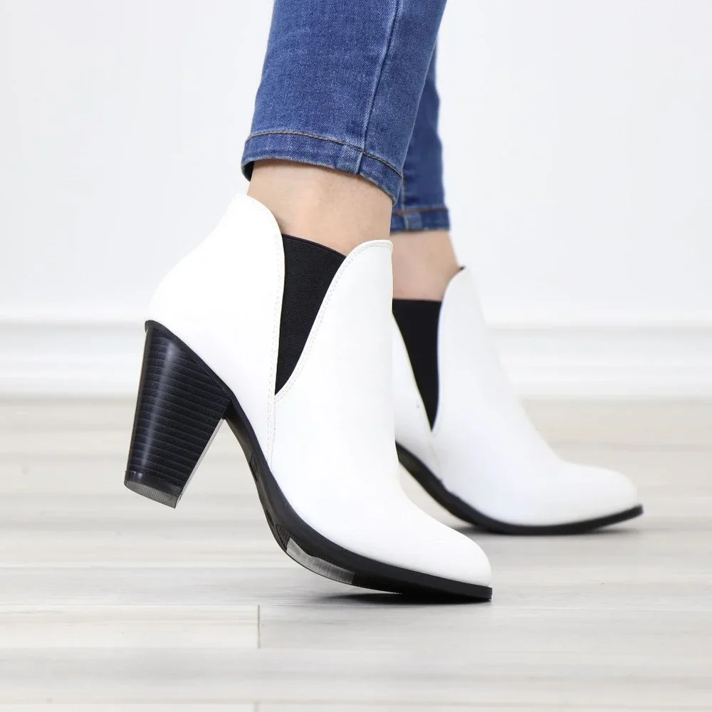 Chelsea Cone High Heel Ankle Boots White Synthetic Leather Pointed Toe - Picture 5 of 12